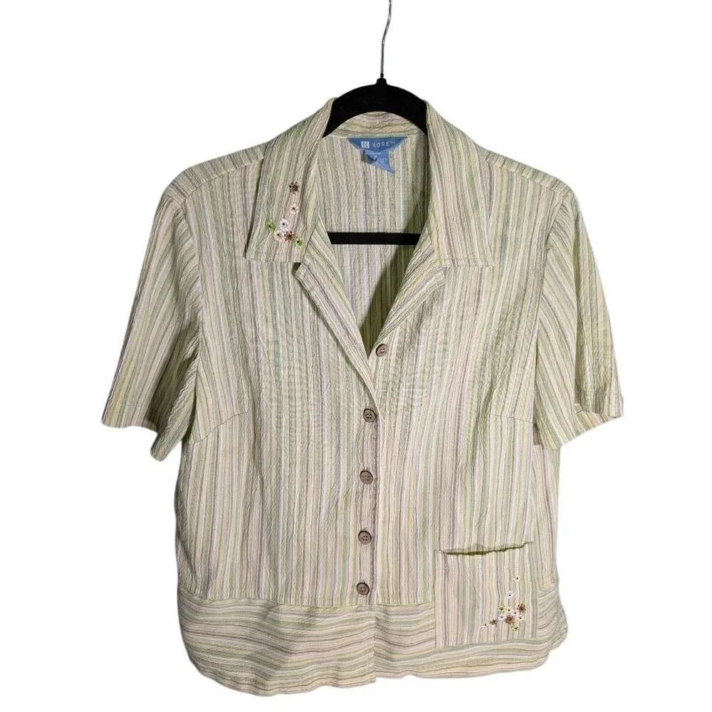 Koret Green Striped Embroidered Top Chest 48 Button Up Women's Size Medium